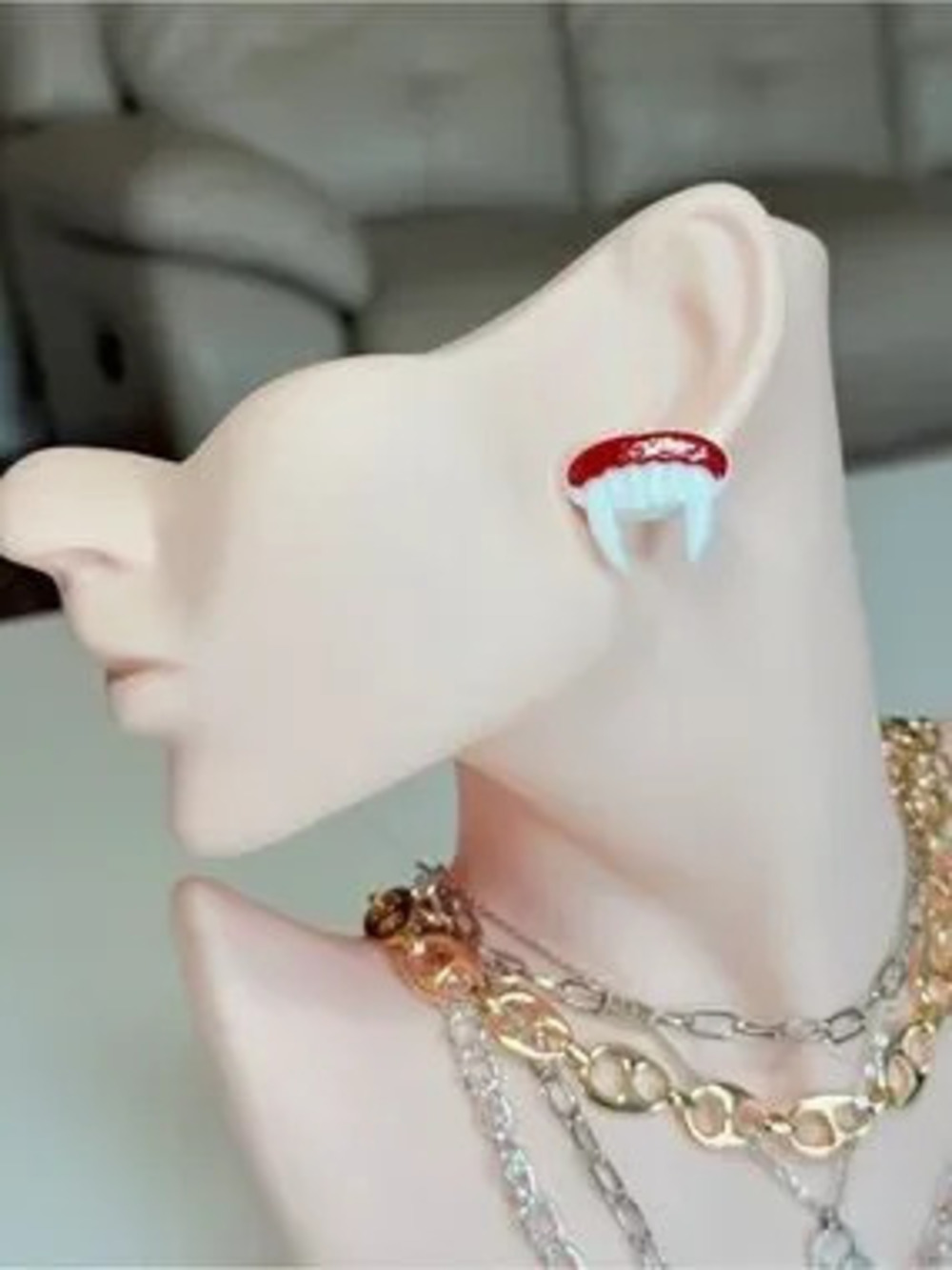 Vampire Red and White Fang Stud Earrings